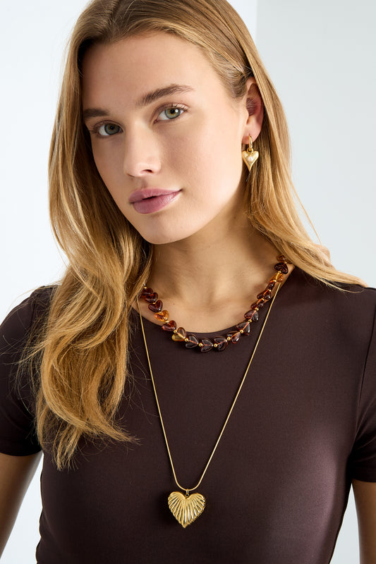 Goud & Roze Valentina Heart Beads Necklace – Hartjes Kralen Ketting RVS Dames Goud – detail close-up | Tudor Gems