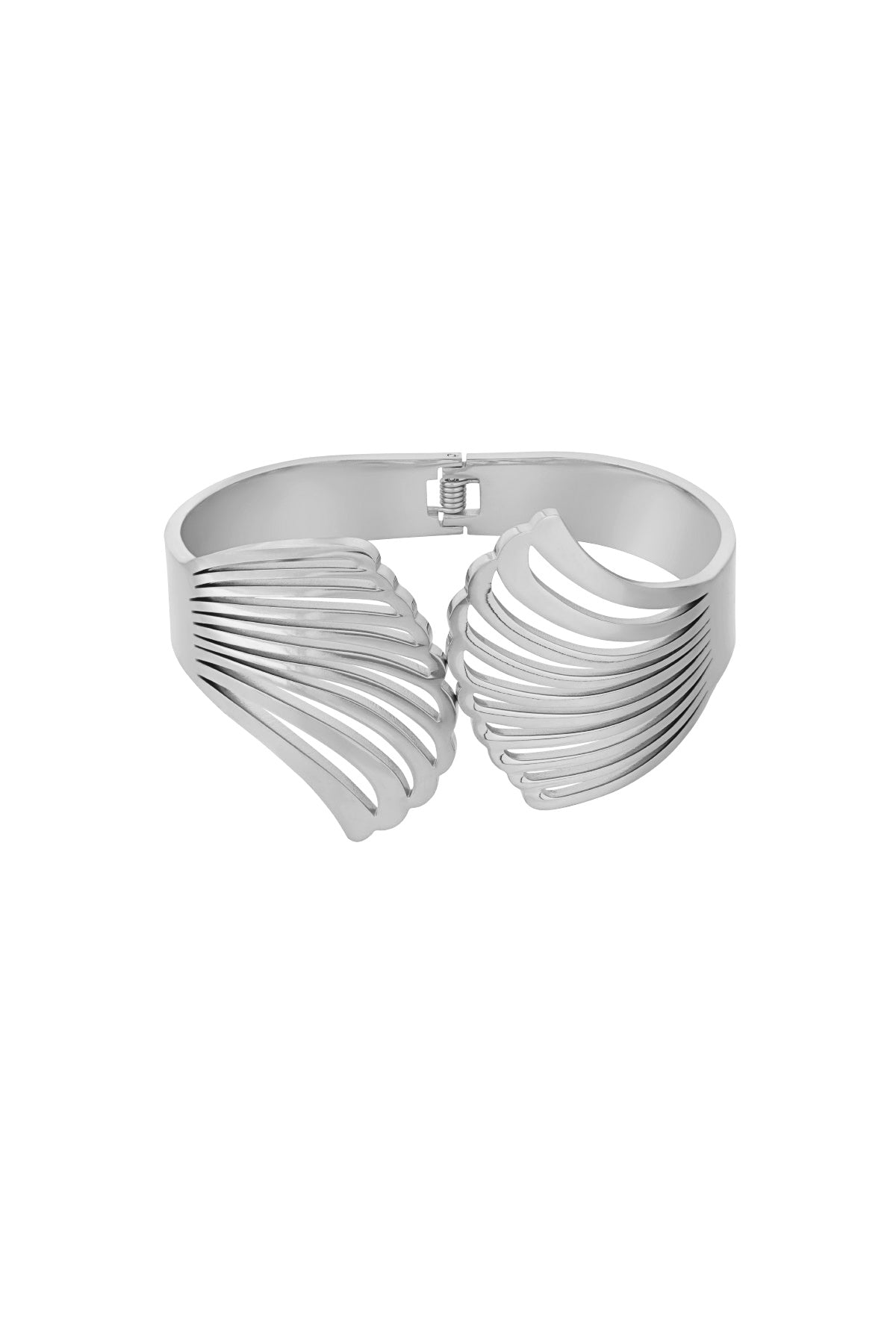 Goud & Zilver Angel Wing Statement Bangle RVS Goud & Zilver – gedragen op model | Tudor Gems