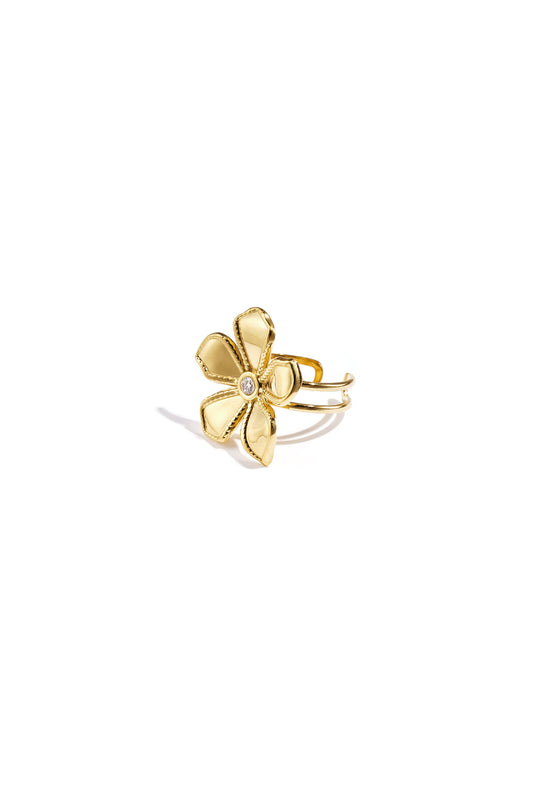 Fleurie Bloem Statement Ring RVS Goud — bloemmotief detail | Tudor Gems