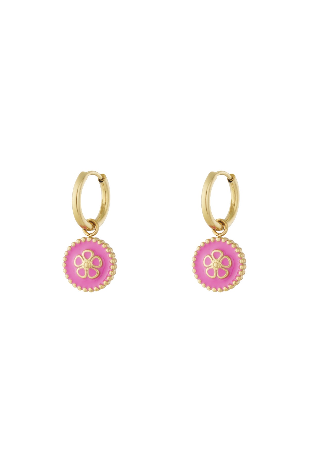 Goud & Roze Luna Flower Drop Oorbellen RVS Roze & Paars – lifestyle shot | Tudor Gems