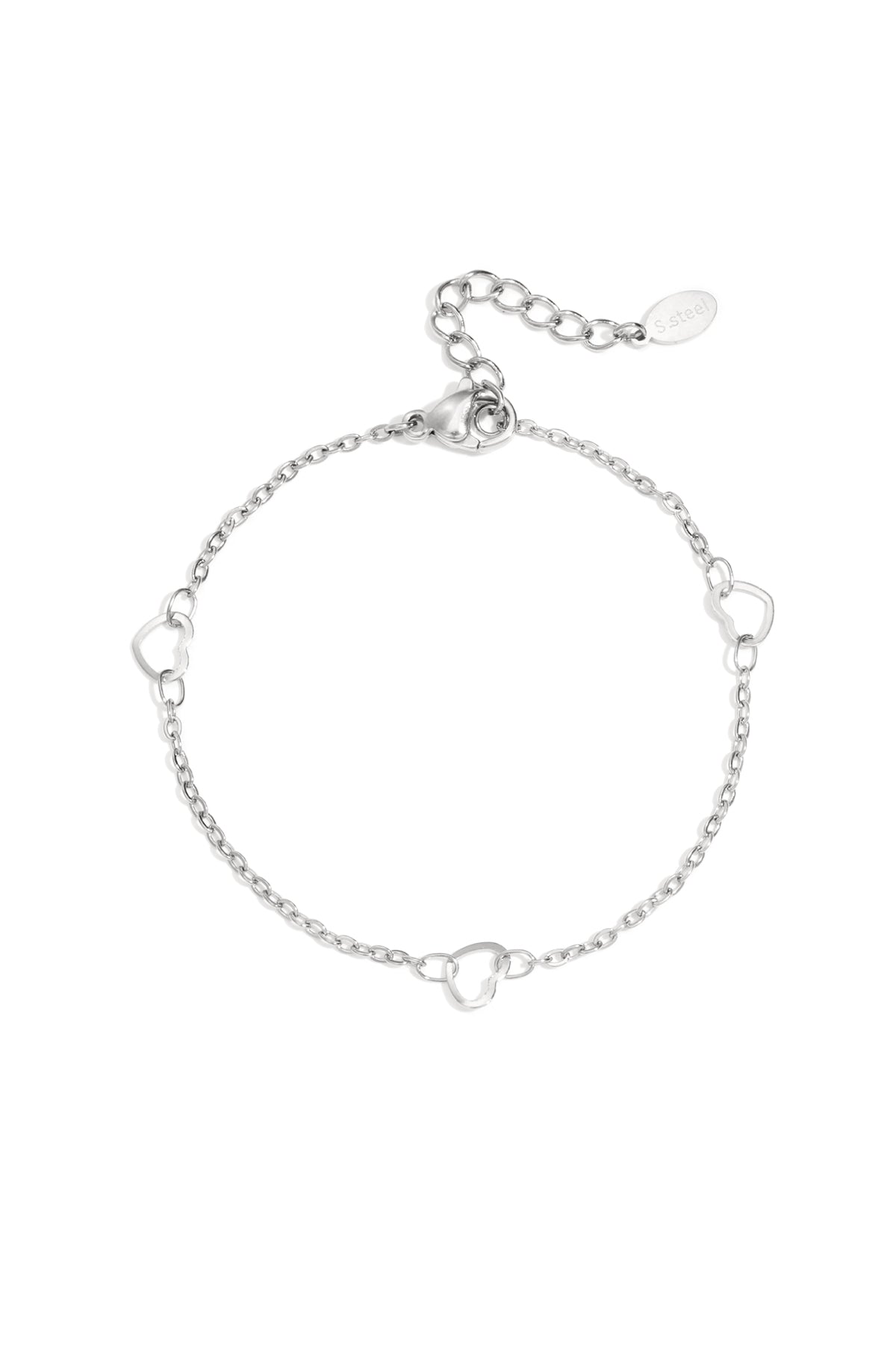 Zilveren hartjes armband RVS met drie open hartjes in de schakel — Tudor Gems