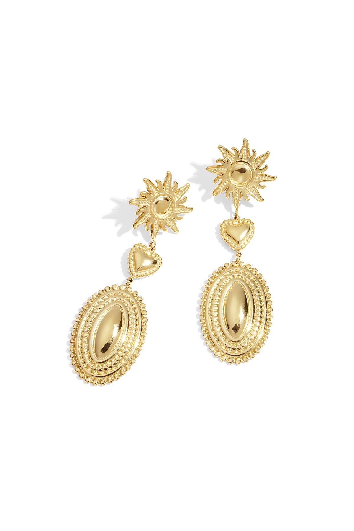 Goud & Zilver Sun Heart Statement Oorbellen RVS Goud & Zilver – productfoto | Tudor Gems