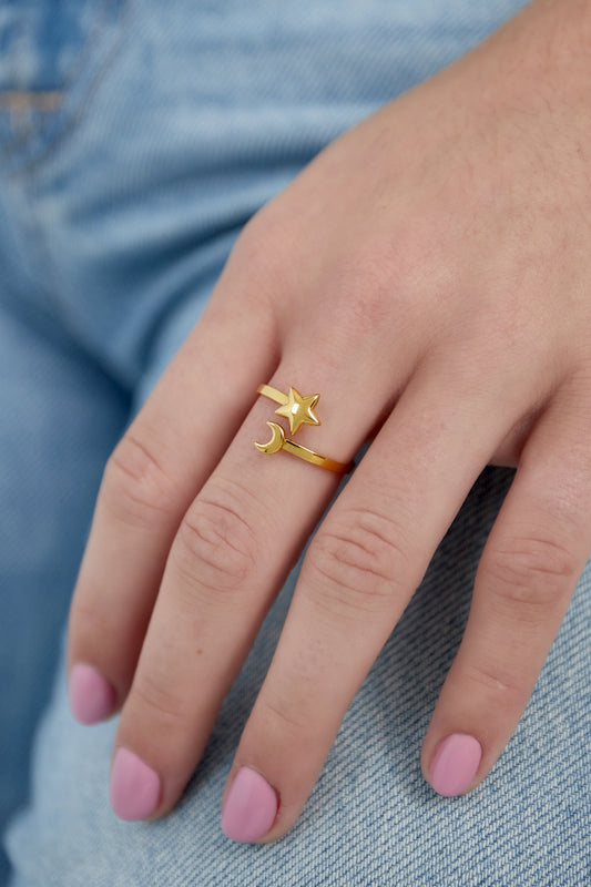 Goud & Zilver Celestia Moon Star Ring RVS Goud & Zilver – detail close-up | Tudor Gems