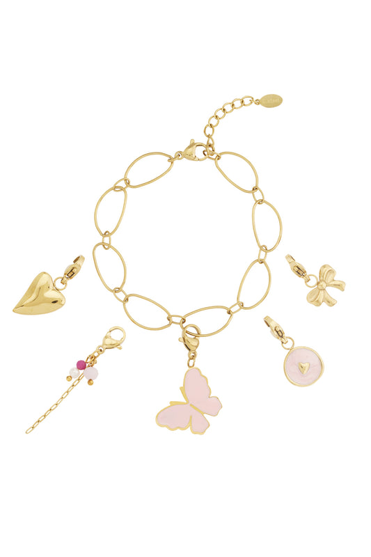 Goud & Roze Butterfly Heart Bedel Armband RVS Goud – productfoto | Tudor Gems