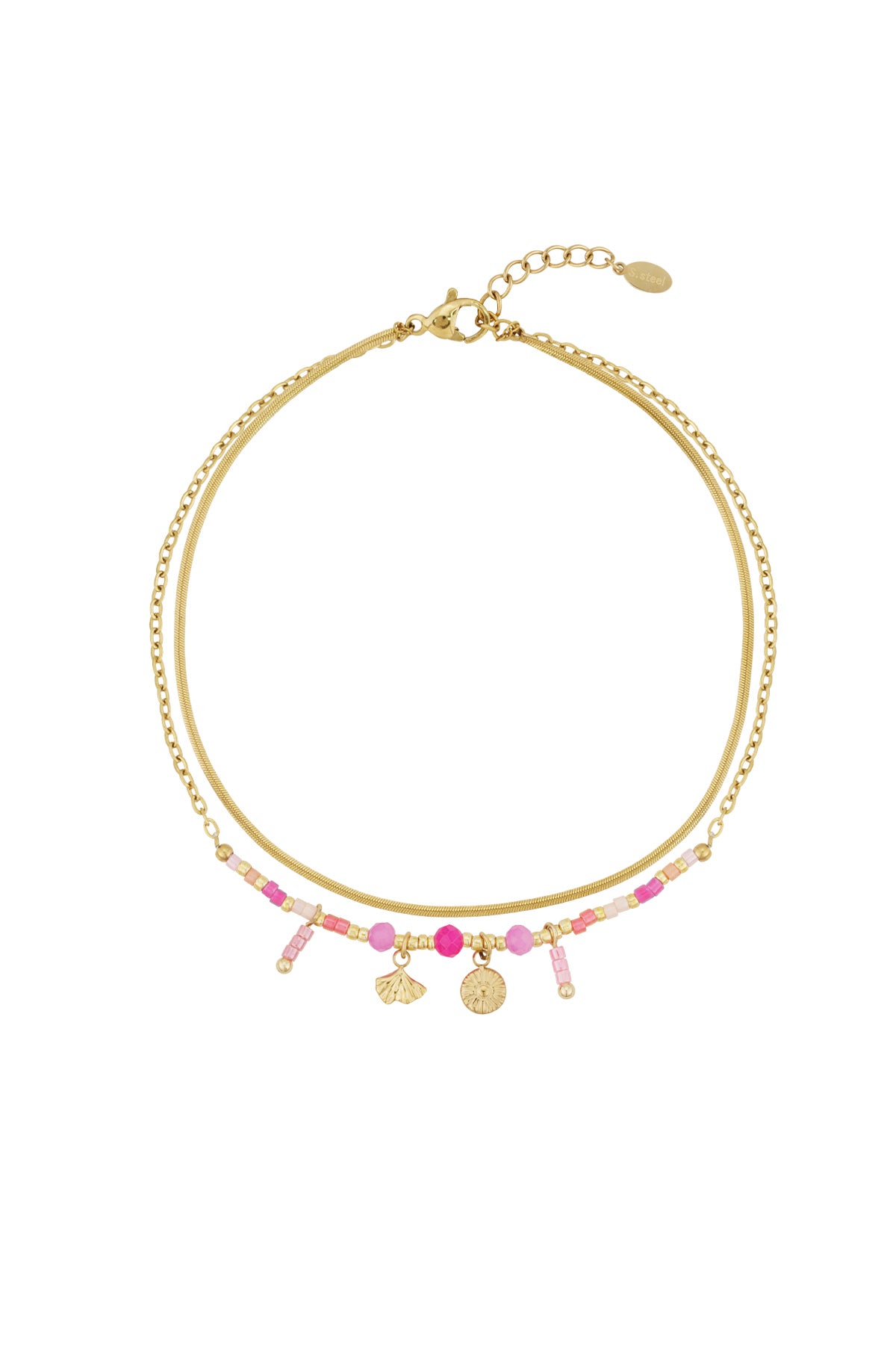 Goud & Roze Enkelbandje RVS Roze, Paars & Wit Goud – gedragen op model | Tudor Gems
