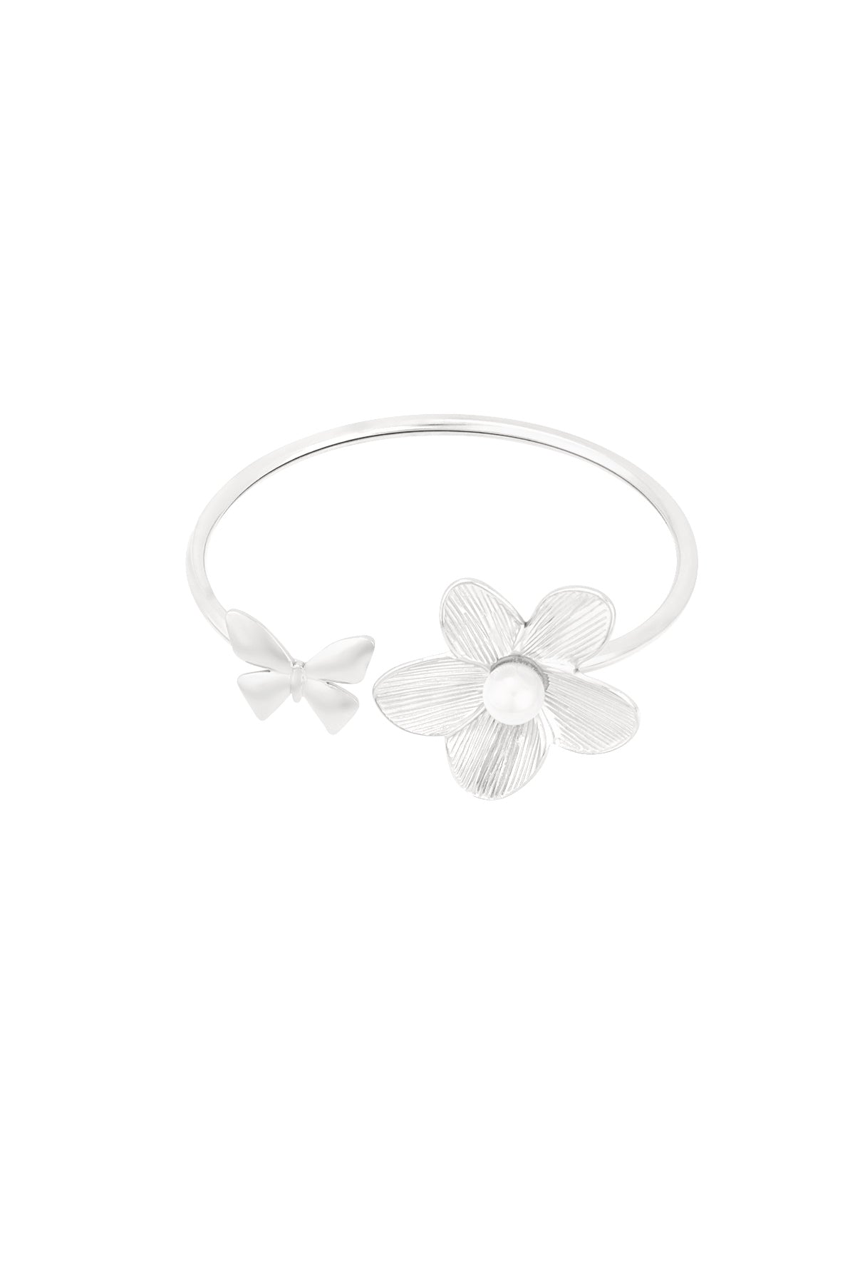 Goud & Zilver Fiore Pearl Butterfly Cuff Armband RVS Goud & Zilver – gedragen op model | Tudor Gems