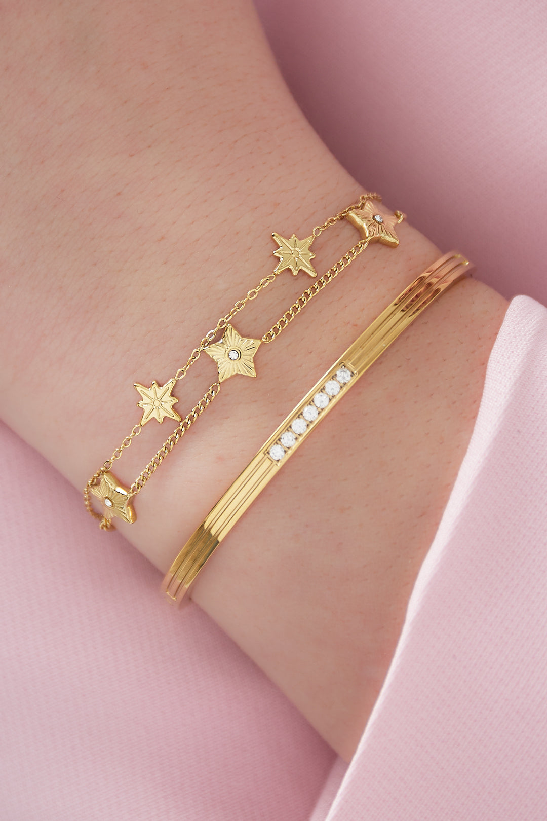 Goud & Zilver Celestia Star Duo Armband RVS Goud & Zilver – detail close-up | Tudor Gems