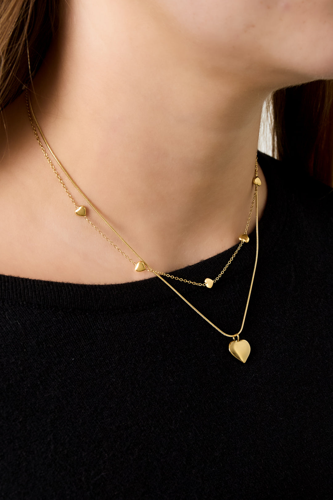 Goud & Zilver Amara Layered Hart Ketting RVS Goud & Zilver – detail close-up | Tudor Gems