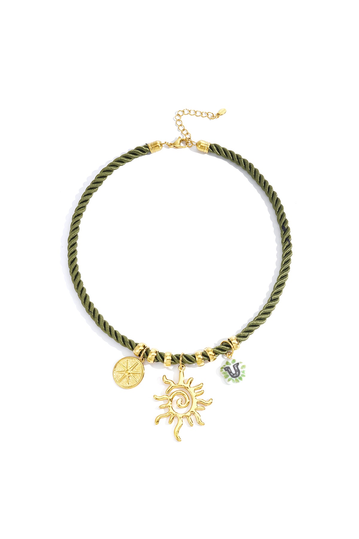 Sun Charm Rope Ketting Groen RVS – gedragen op model | Tudor Gems