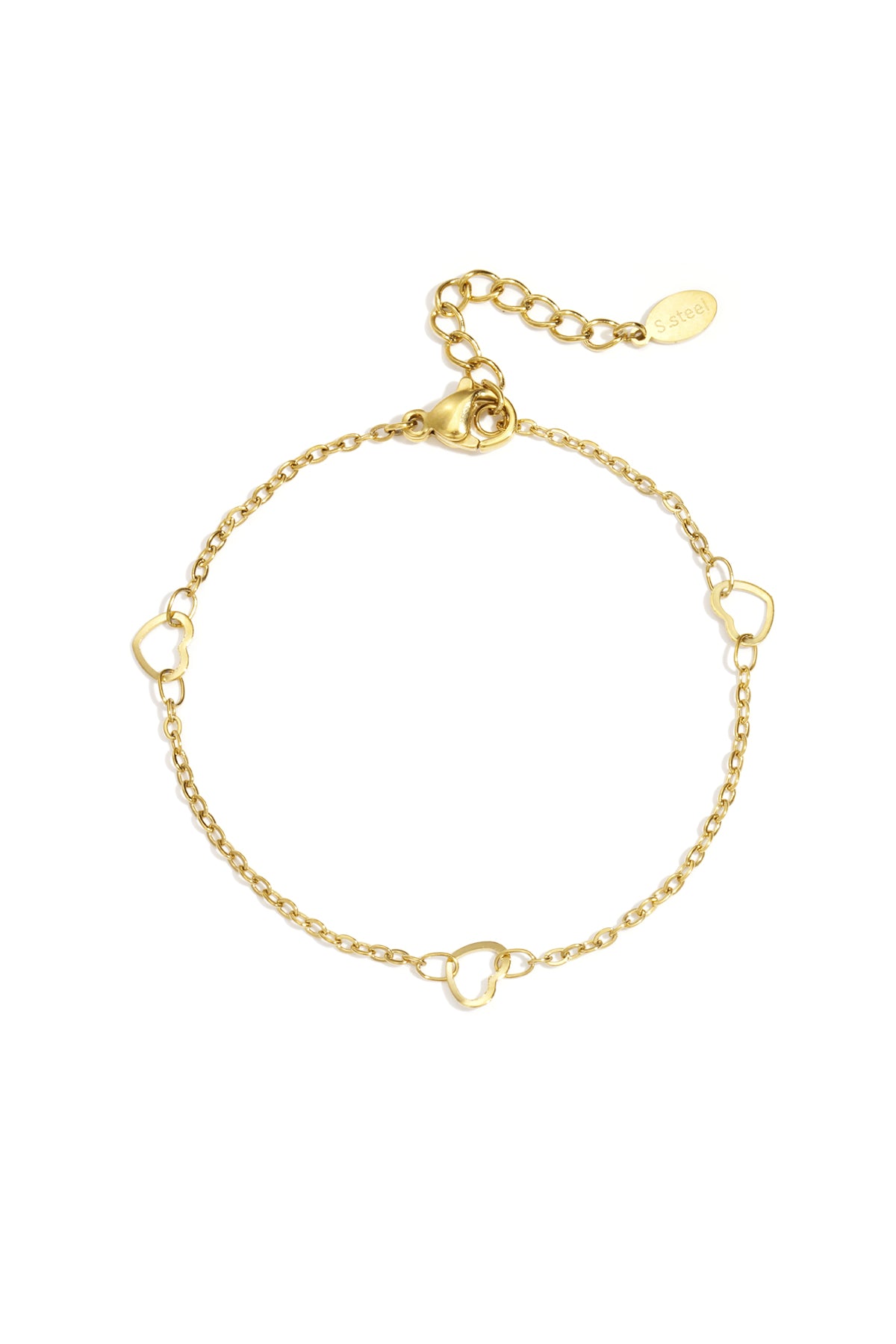 Gouden hartjes armband RVS met drie open hartjes in de schakel — Tudor Gems