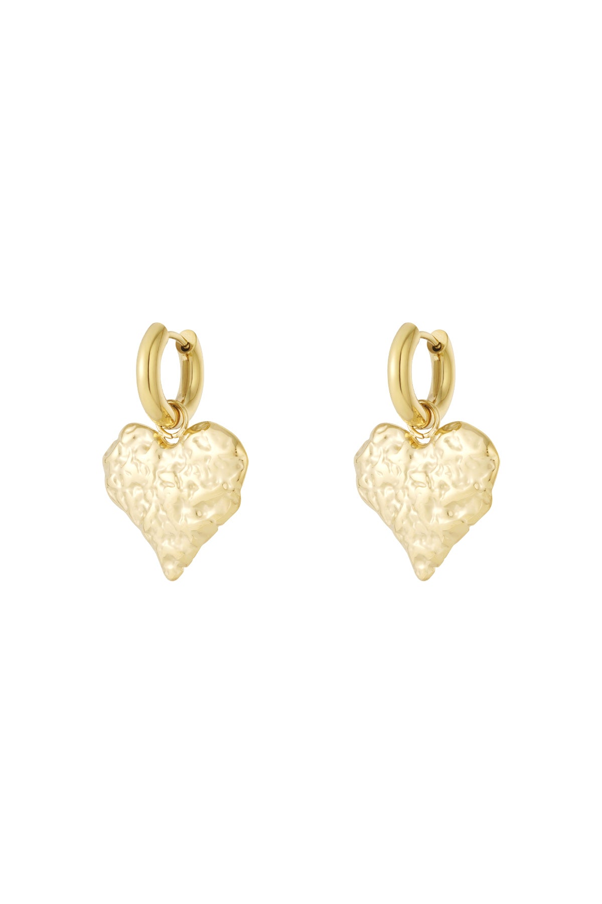 Goud RVS Hart Oorbellen Goud – Textured Heart Hoop Statement – productfoto | Tudor Gems