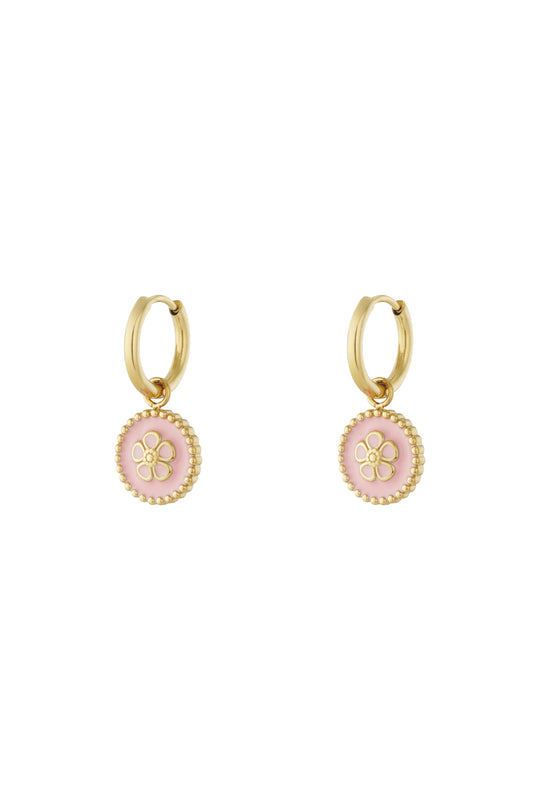 Goud & Roze Luna Flower Drop Oorbellen RVS Roze & Paars – productfoto | Tudor Gems