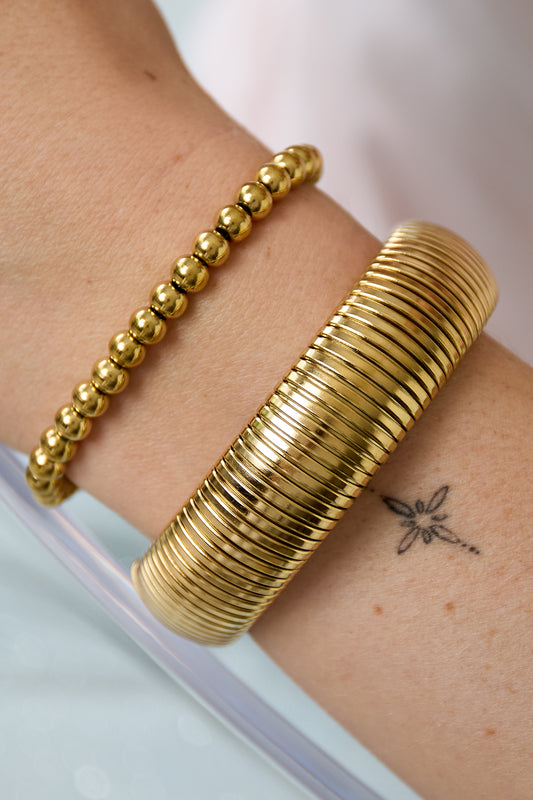 Goud & Zilver Bold & Trendy Stretch Armband RVS – Goud & Zilver – detail close-up | Tudor Gems