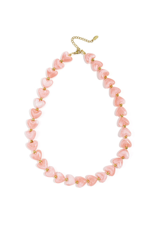 Goud & Roze Valentina Heart Beads Necklace – Hartjes Kralen Ketting RVS Dames Goud – productfoto | Tudor Gems