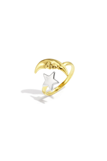 Goud & Zilver Lunara Star Moon Ring RVS Goud & Zilver – gedragen op model | Tudor Gems