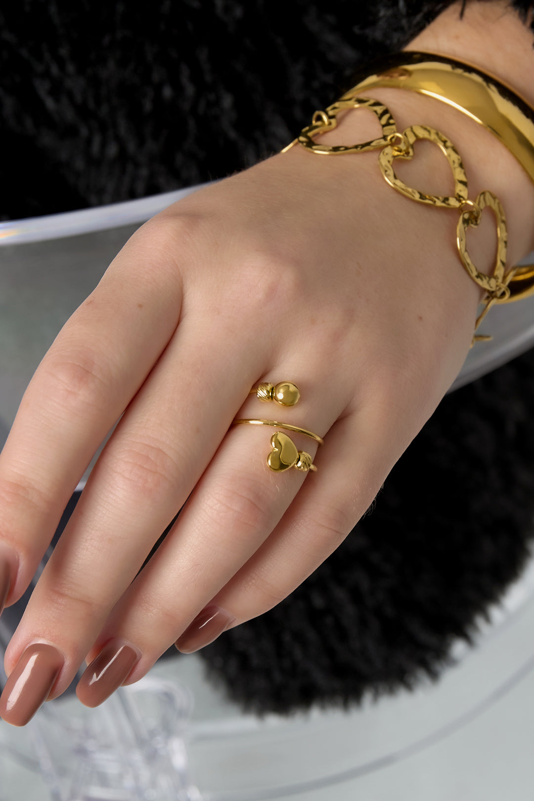Goud & Zilver Hart Ring Goud & Zilver – Minimalistisch & Verstelbaar RVS – detail close-up | Tudor Gems