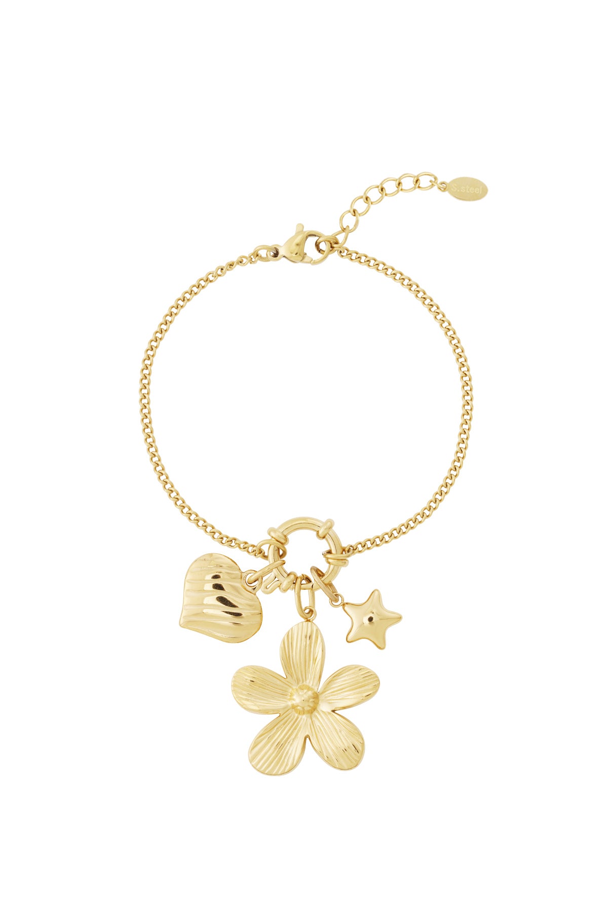 Goud Flower Charm DIY Armband RVS Goud – gedragen op model | Tudor Gems