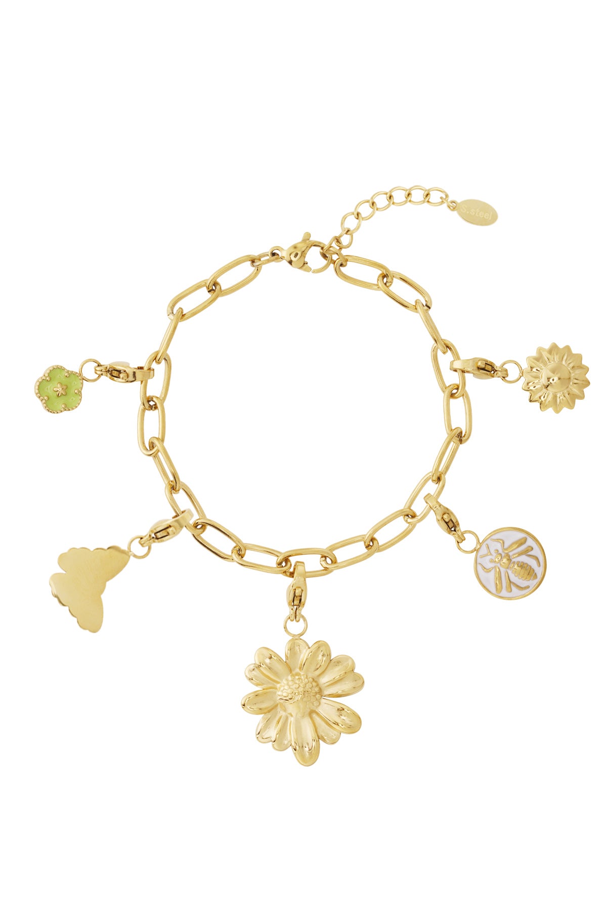 Goud Detailed Flower Bedel Armband RVS Goud – detail close-up | Tudor Gems