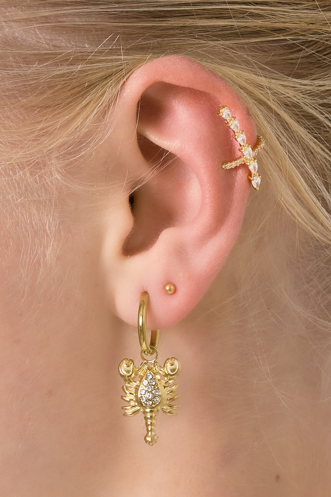 Goud & Zilver Scorpio Spark Schorpioen Oorbellen (RVS) – Goud & Zilver – detail close-up | Tudor Gems