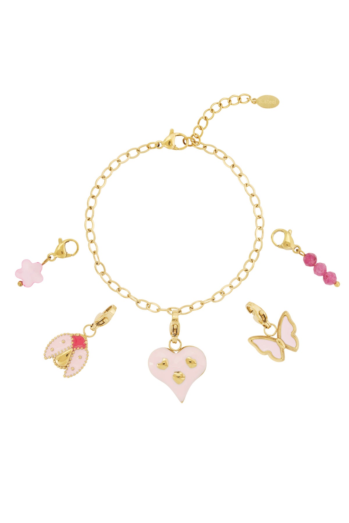 Goud & Roze Pink Heart & Butterfly Bedel Armband RVS Goud – productfoto | Tudor Gems