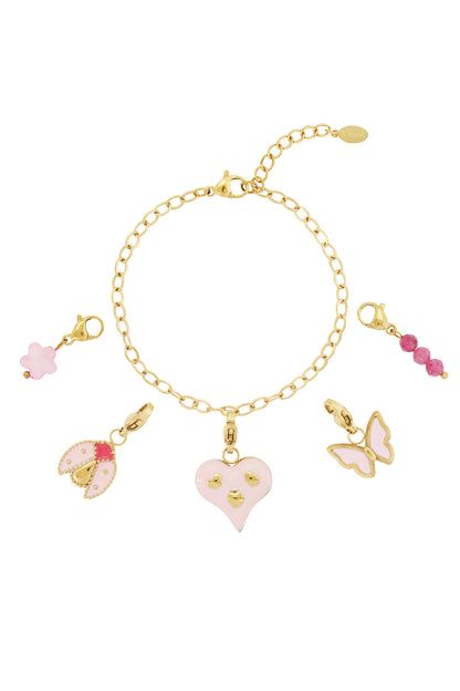 Goud & Roze Pink Heart & Butterfly Bedel Armband RVS Goud – productfoto | Tudor Gems