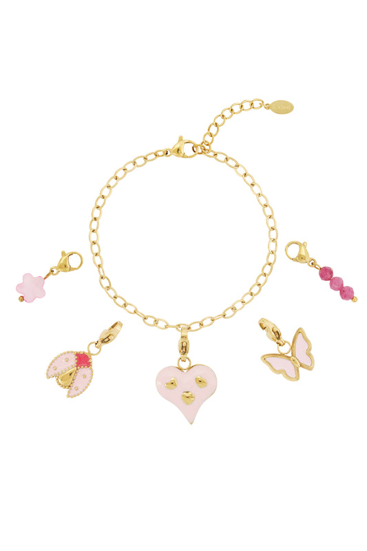Goud & Roze Pink Heart & Butterfly Bedel Armband RVS Goud – productfoto | Tudor Gems