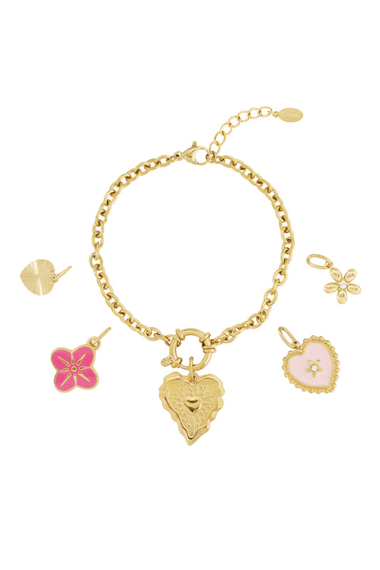 Goud Lovely Heart & Flower Charm Armband RVS Goud – productfoto | Tudor Gems