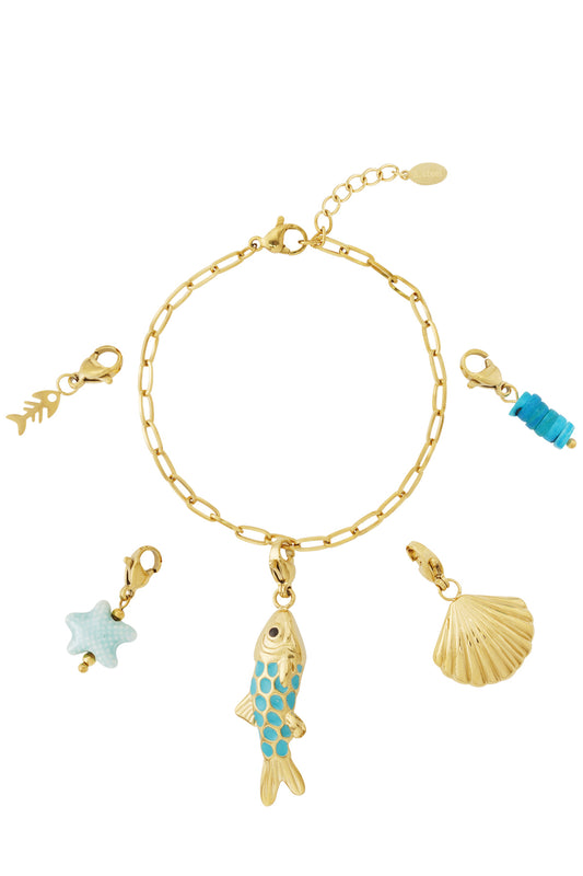 Goud Ocean Fish & Shell Charm Armband RVS Goud – productfoto | Tudor Gems